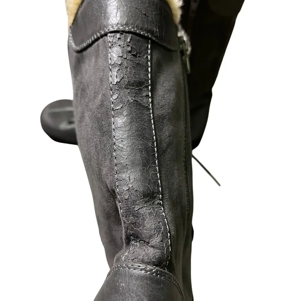 BOC Youth Size 4 Lace Leather Boots Grey Zip‎ Lace Up Faux Fur Snow Winter